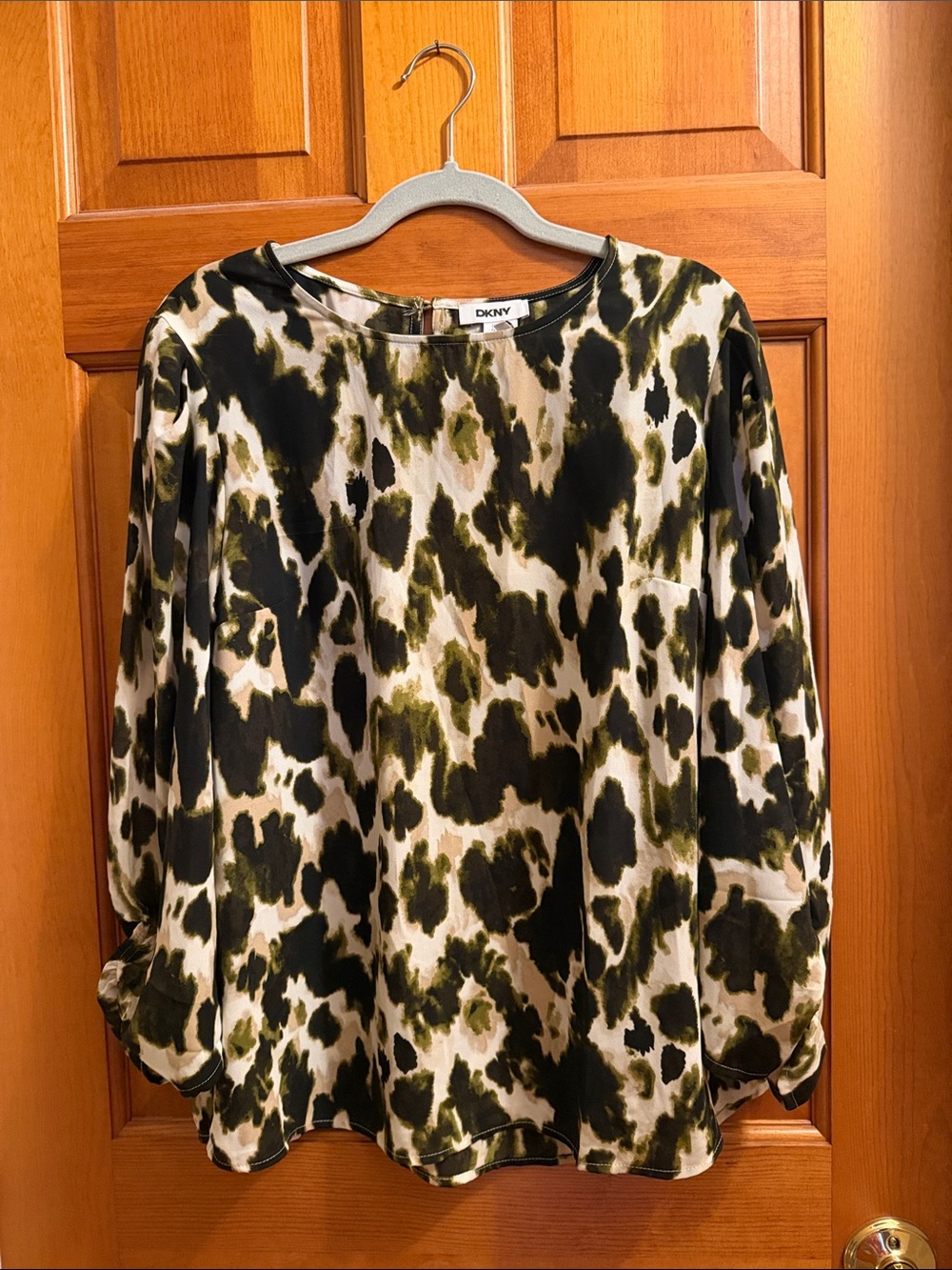 DKNY Olive & Black Abstract Print Long Sleeve Blouse